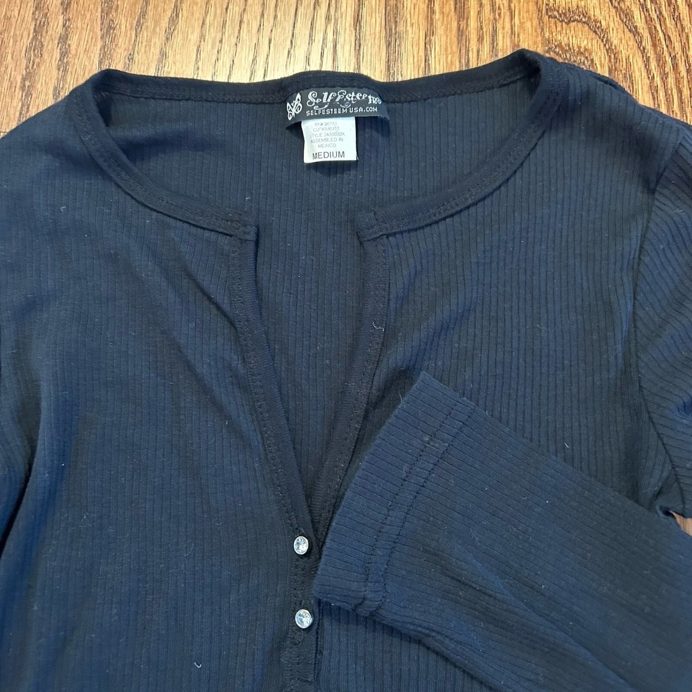 Vintage Self Esteem Women's Black Ribbed Henley Top Long Sleeve Button Front M